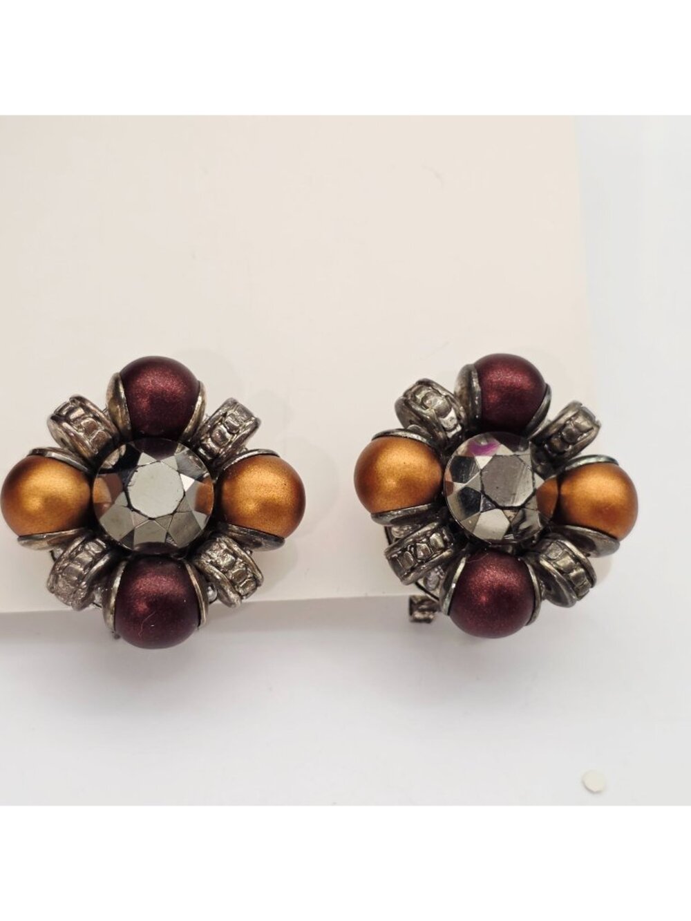 Clip-On Earrings Burgundy Gold Beads Rhinestone Center Silver-Tone Accents CLI
